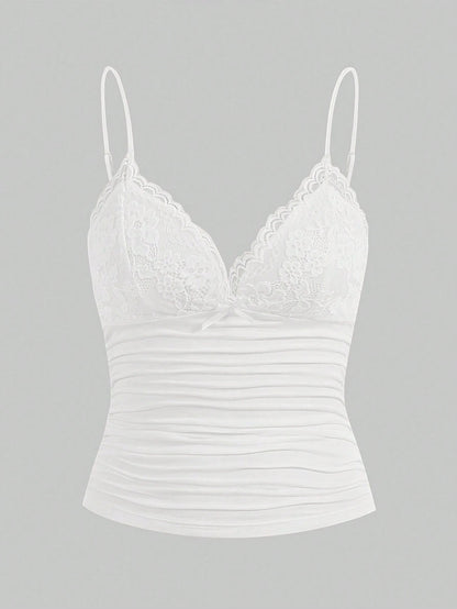 ICON Elegant Solid Contrast Lace Ruched Y2k Cami Top