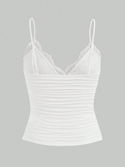 ICON Elegant Solid Contrast Lace Ruched Y2k Cami Top