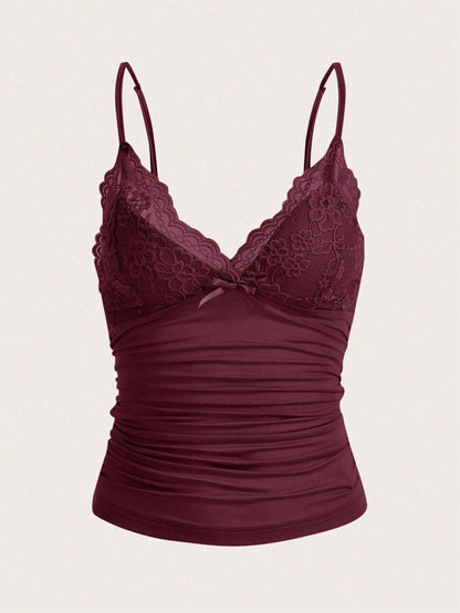 ICON Elegant Solid Contrast Lace Ruched Y2k Cami Top