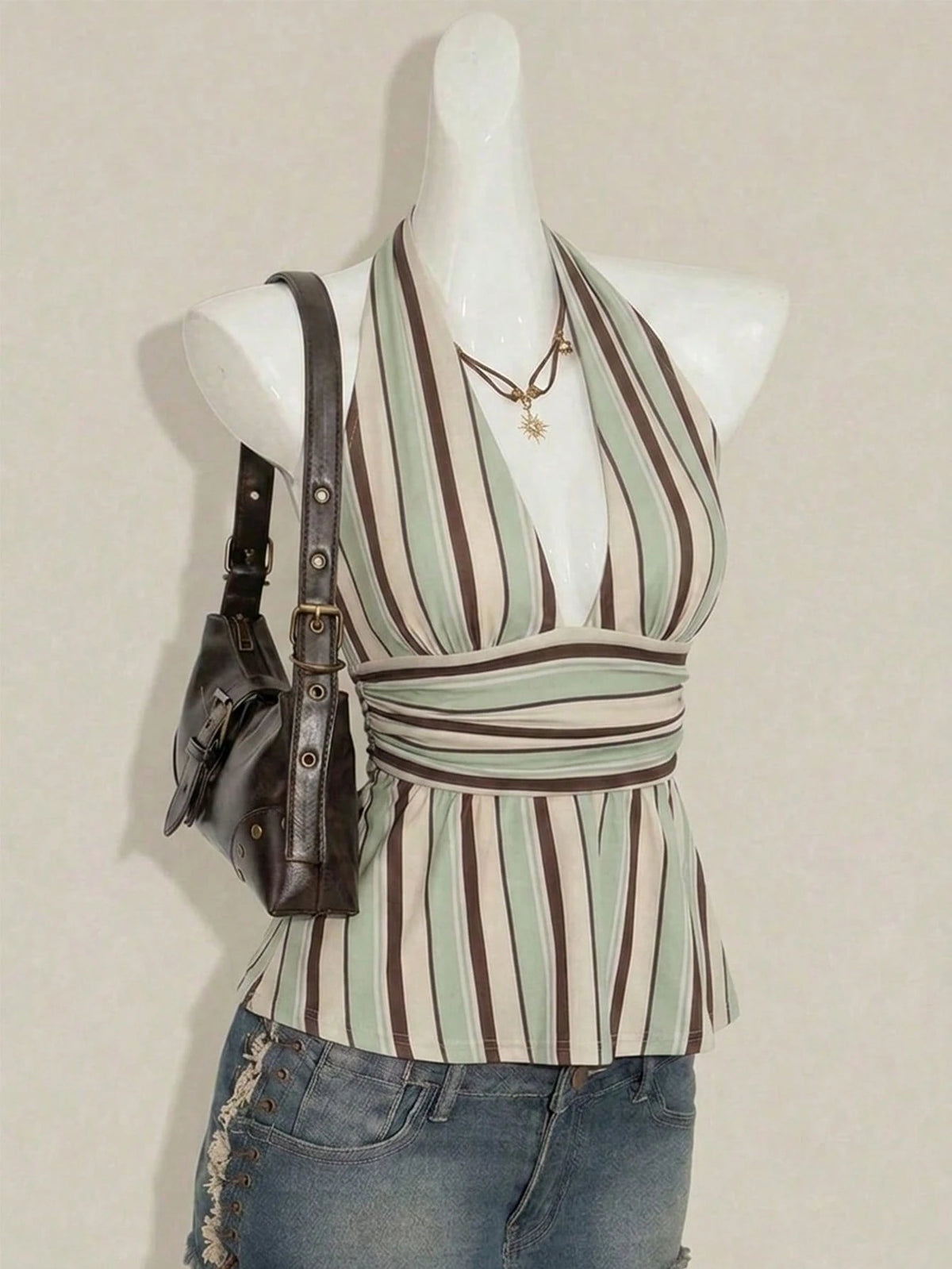 ICON Halter Neck Deep V-Neck Waist-Cinched A-Line Backless Old Money Style Tank Top