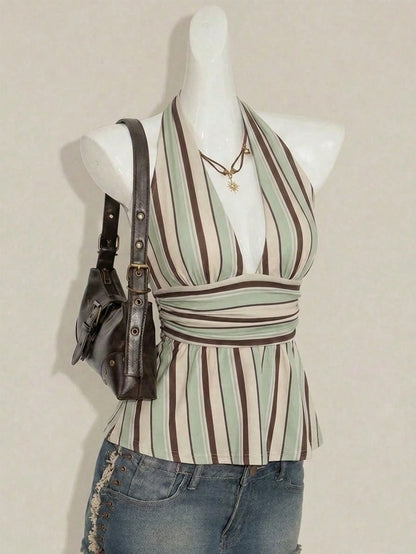 ICON Halter Neck Deep V-Neck Waist-Cinched A-Line Backless Old Money Style Tank Top