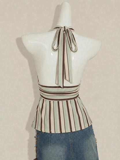 ICON Halter Neck Deep V-Neck Waist-Cinched A-Line Backless Old Money Style Tank Top