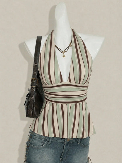 ICON Halter Neck Deep V-Neck Waist-Cinched A-Line Backless Old Money Style Tank Top