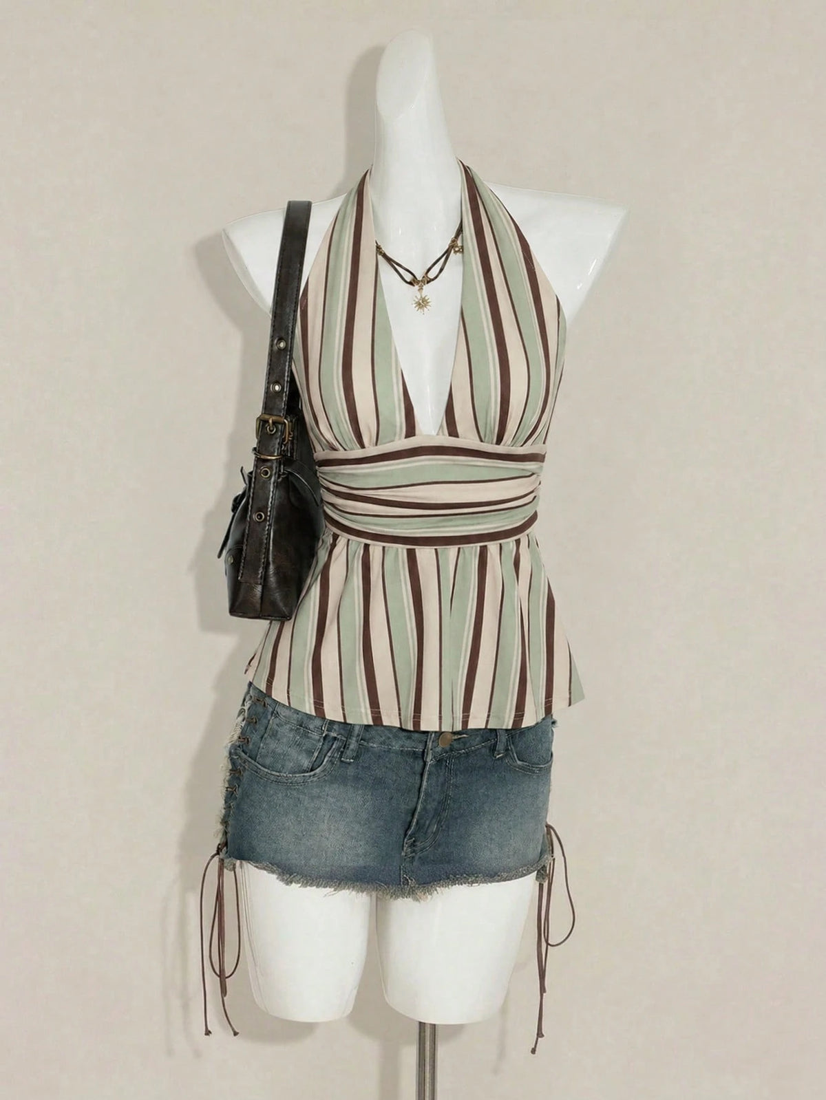 ICON Halter Neck Deep V-Neck Waist-Cinched A-Line Backless Old Money Style Tank Top