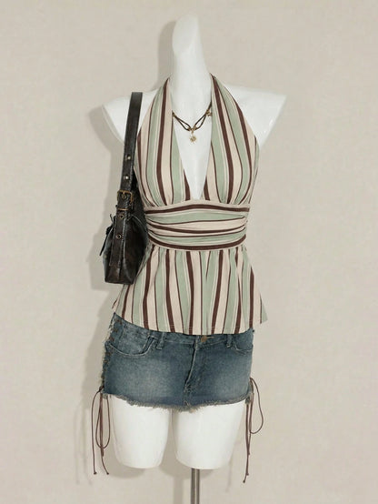 ICON Halter Neck Deep V-Neck Waist-Cinched A-Line Backless Old Money Style Tank Top