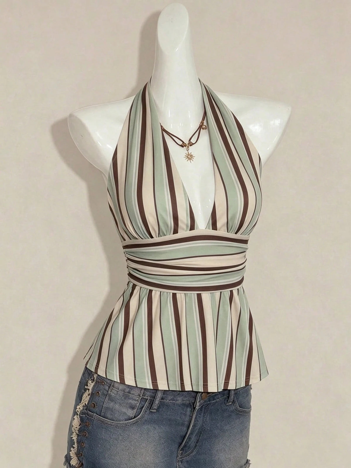 ICON Halter Neck Deep V-Neck Waist-Cinched A-Line Backless Old Money Style Tank Top