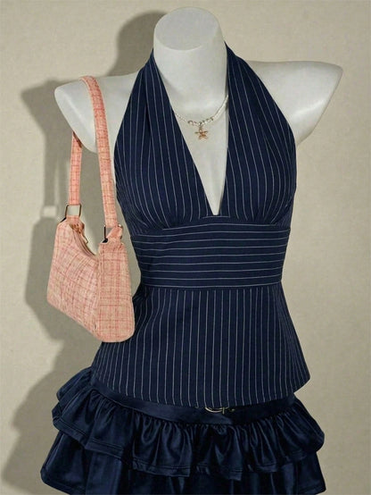 ICON Halter Neck Deep V-Neck Waist-Cinched A-Line Backless Old Money Style Tank Top