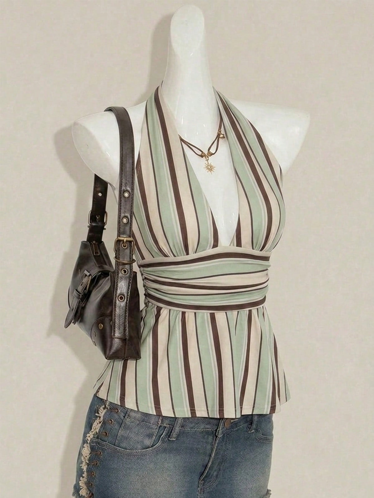 ICON Halter Neck Deep V-Neck Waist-Cinched A-Line Backless Old Money Style Tank Top