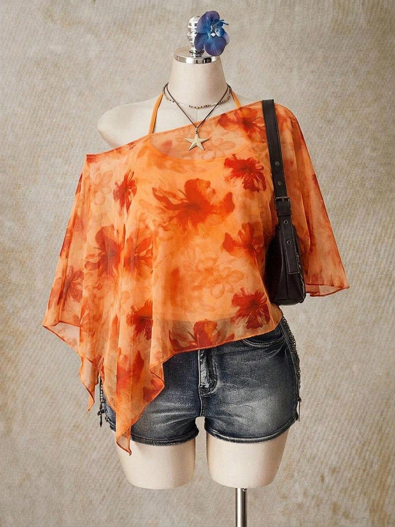 ICON Holiday Floral Print Plus Size Women's Asymmetric Neckline Batwing Sleeve Loose Top