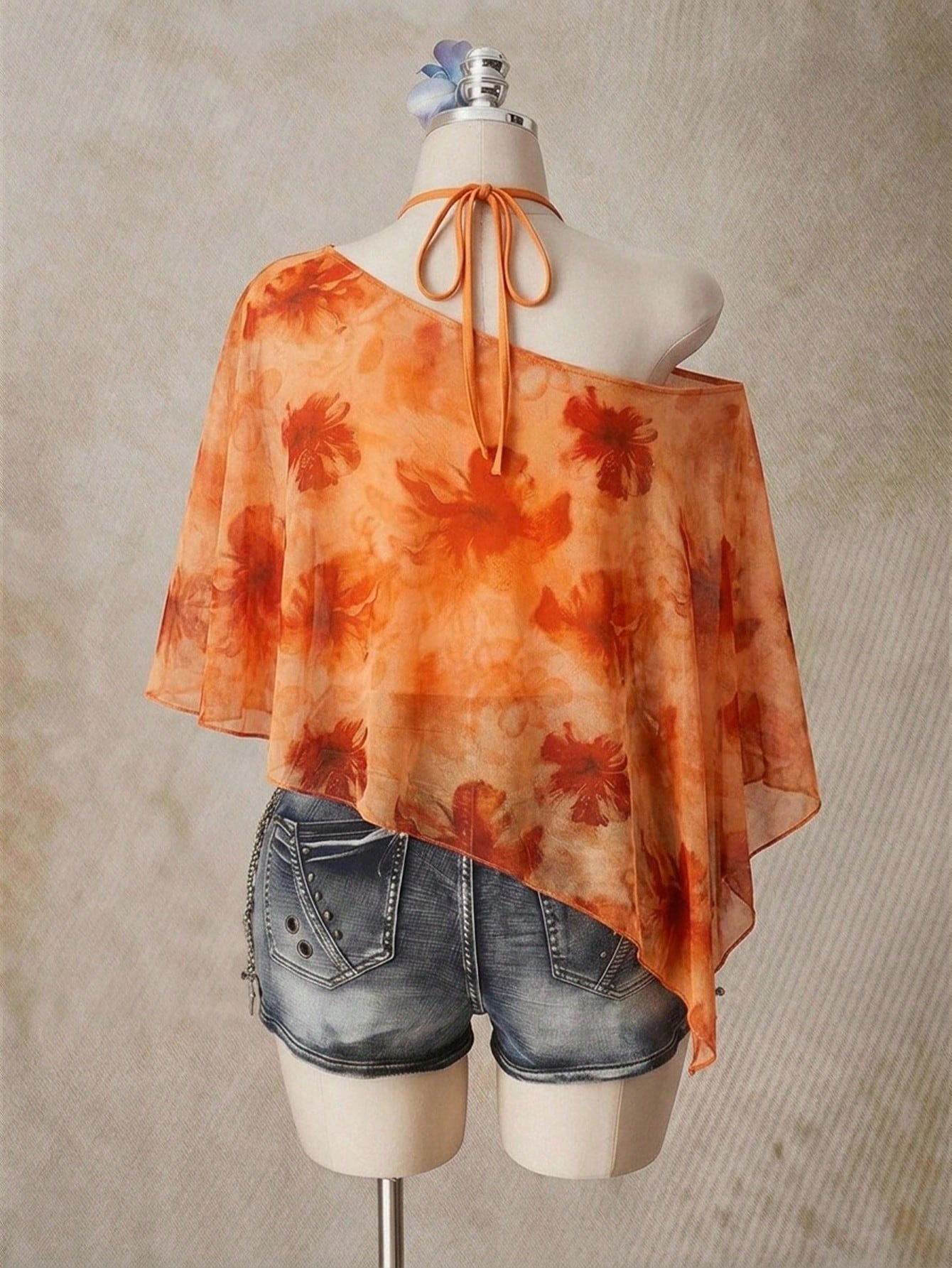 ICON Holiday Floral Print Plus Size Women's Asymmetric Neckline Batwing Sleeve Loose Top