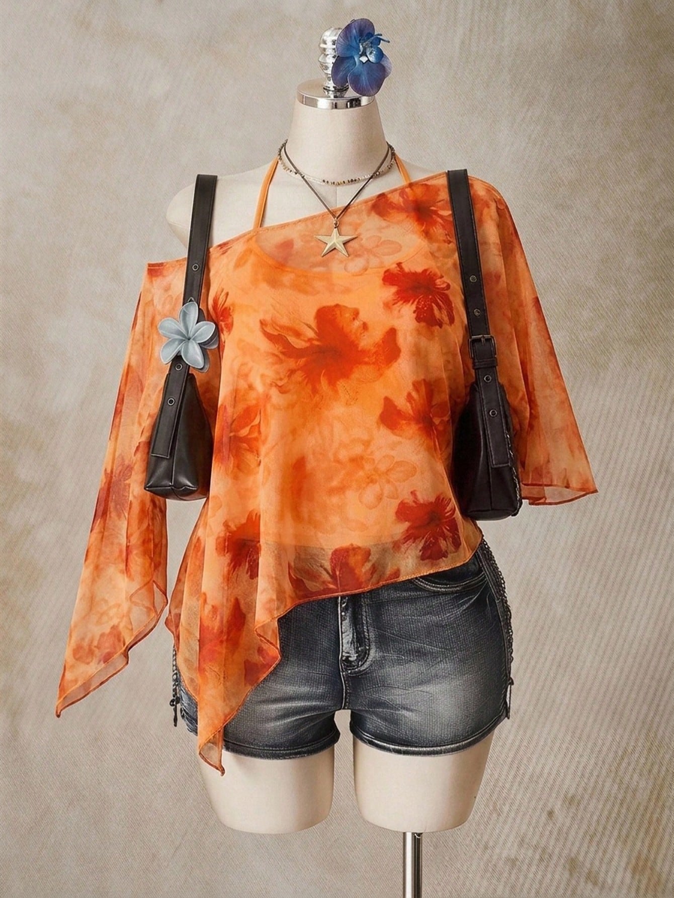 ICON Holiday Floral Print Plus Size Women's Asymmetric Neckline Batwing Sleeve Loose Top