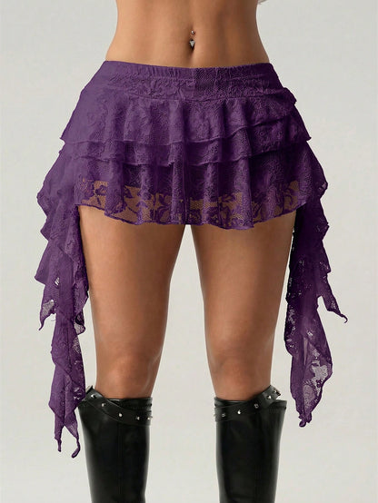 ICON Low Waist Vacation Style Casual Sexy White Lace Ruffle Hem Mini Skirt With Safety Shorts To Prevent Exposure