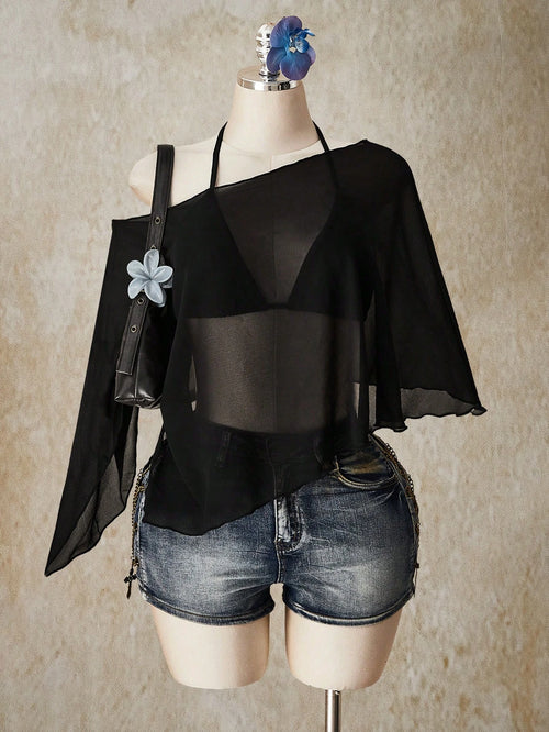 ICON Plus Size Chiffon Wrap Triangle Cup Tie Camisole Top 2 Piece Set For Women, Going Out Vacation Tops Black Summer Sexy