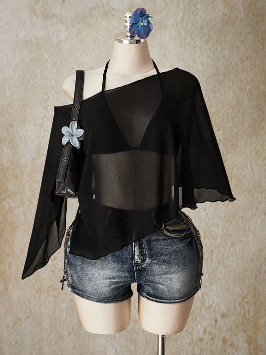 ICON Plus Size Chiffon Wrap Triangle Cup Tie Camisole Top 2 Piece Set For Women, Going Out Vacation Tops Black Summer Sexy