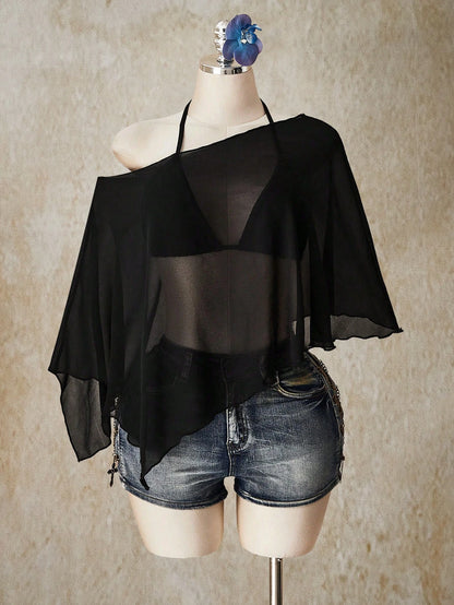 ICON Plus Size Chiffon Wrap Triangle Cup Tie Camisole Top 2 Piece Set For Women, Going Out Vacation Tops Black Summer Sexy