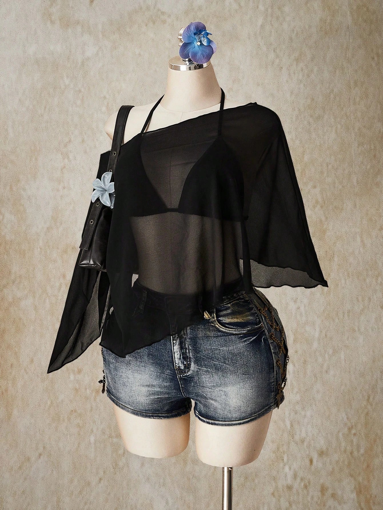 ICON Plus Size Chiffon Wrap Triangle Cup Tie Camisole Top 2 Piece Set For Women, Going Out Vacation Tops Black Summer Sexy