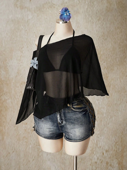 ICON Plus Size Chiffon Wrap Triangle Cup Tie Camisole Top 2 Piece Set For Women, Going Out Vacation Tops Black Summer Sexy