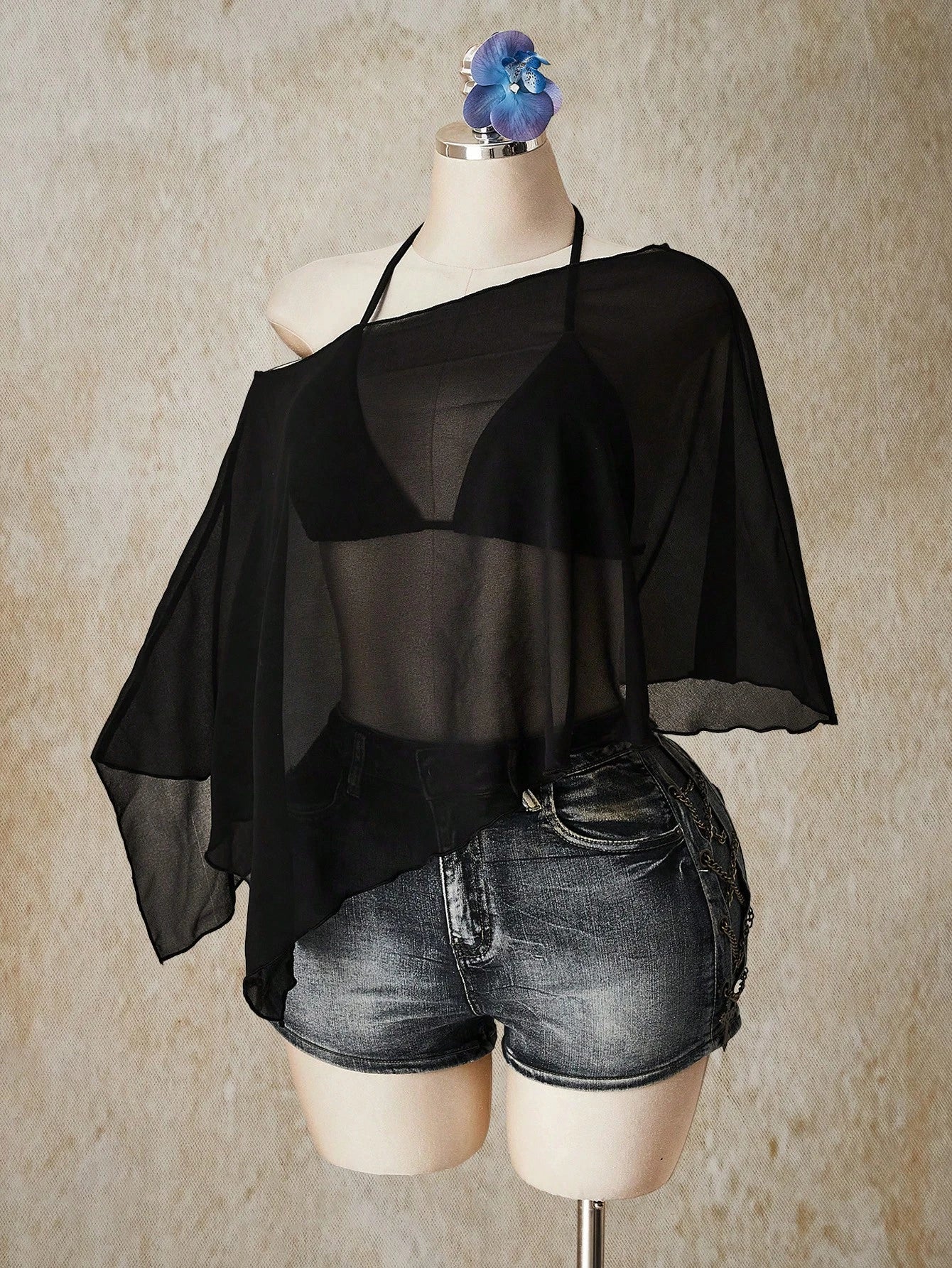 ICON Plus Size Chiffon Wrap Triangle Cup Tie Camisole Top 2 Piece Set For Women, Going Out Vacation Tops Black Summer Sexy