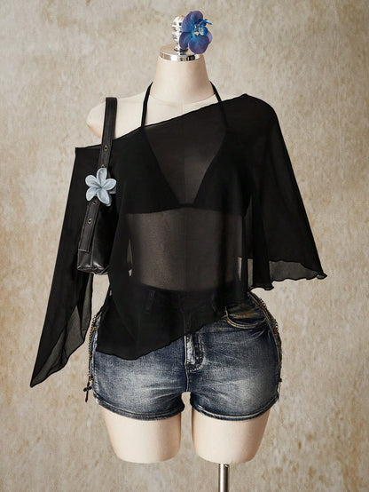 ICON Plus Size Chiffon Wrap Triangle Cup Tie Camisole Top 2 Piece Set For Women, Going Out Vacation Tops Black Summer Sexy