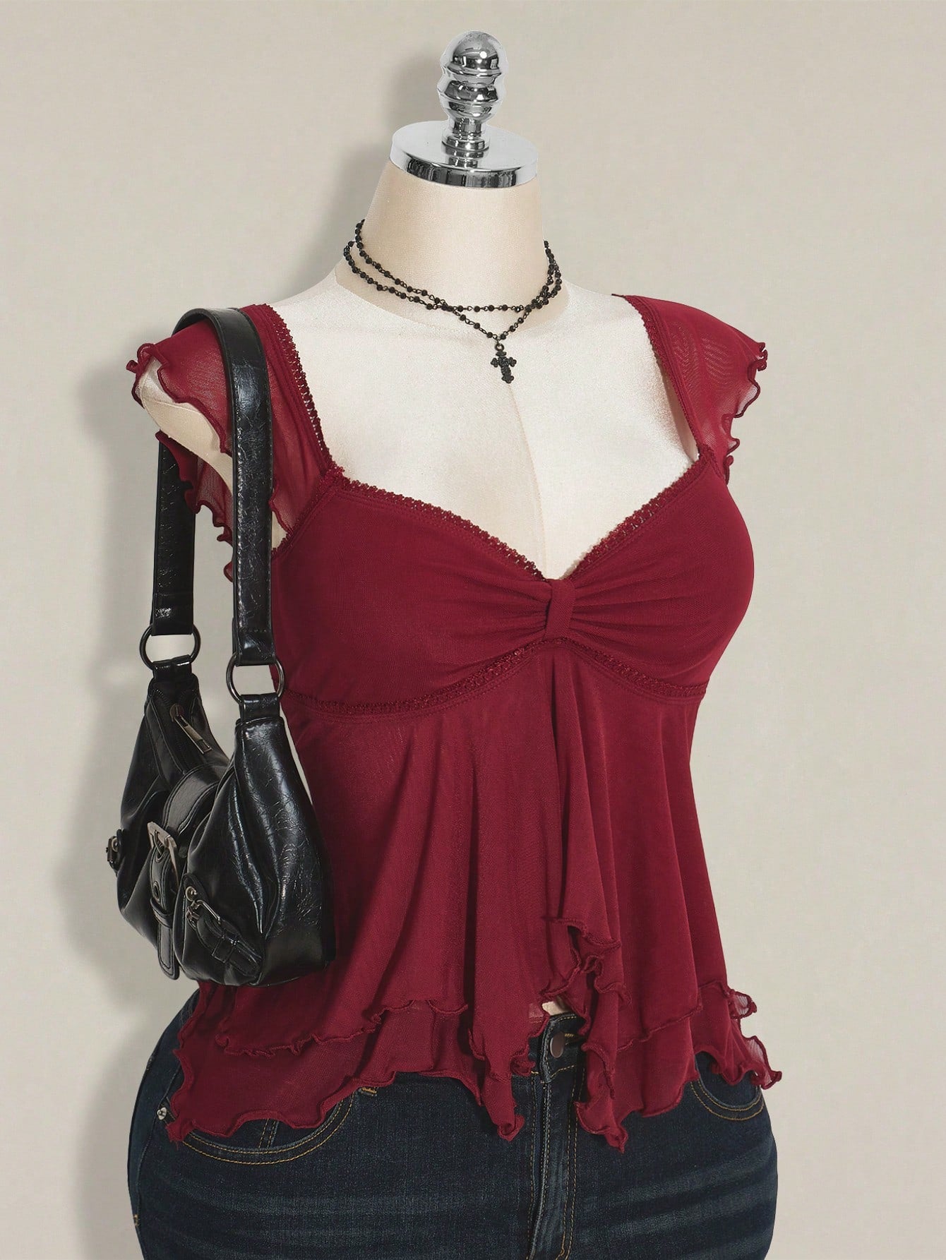 ICON Plus Size Women Ruched Front Fitted Sexy Mesh Splice Flutter Sleeve Backless Casual Vacation Cropped Tank Top, Autumn, Back To School Burgundy