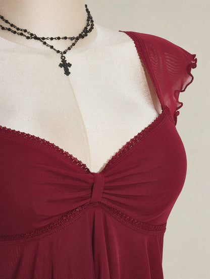 ICON Plus Size Women Ruched Front Fitted Sexy Mesh Splice Flutter Sleeve Backless Casual Vacation Cropped Tank Top, Autumn, Back To School Burgundy