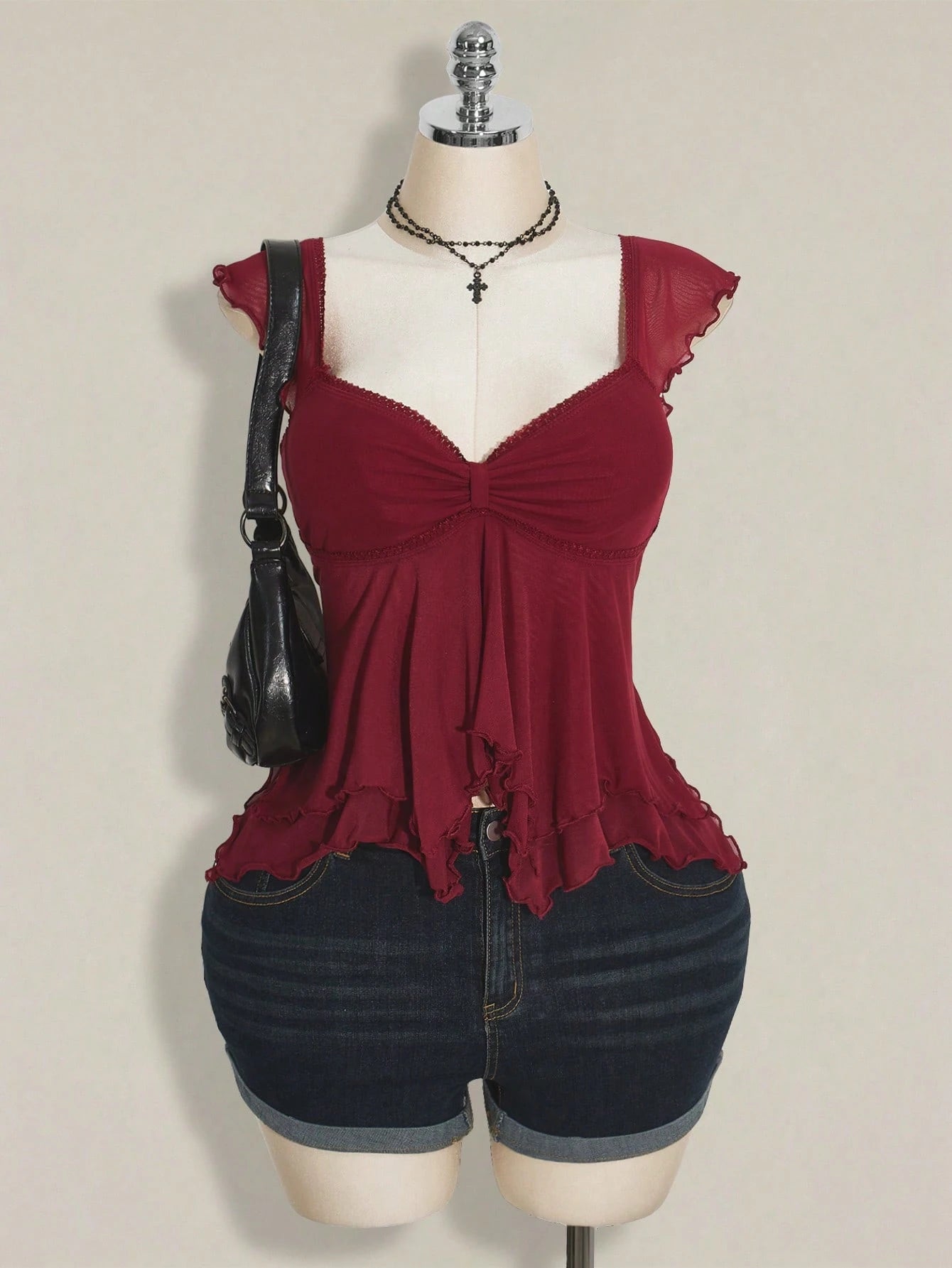 ICON Plus Size Women Ruched Front Fitted Sexy Mesh Splice Flutter Sleeve Backless Casual Vacation Cropped Tank Top, Autumn, Back To School Burgundy