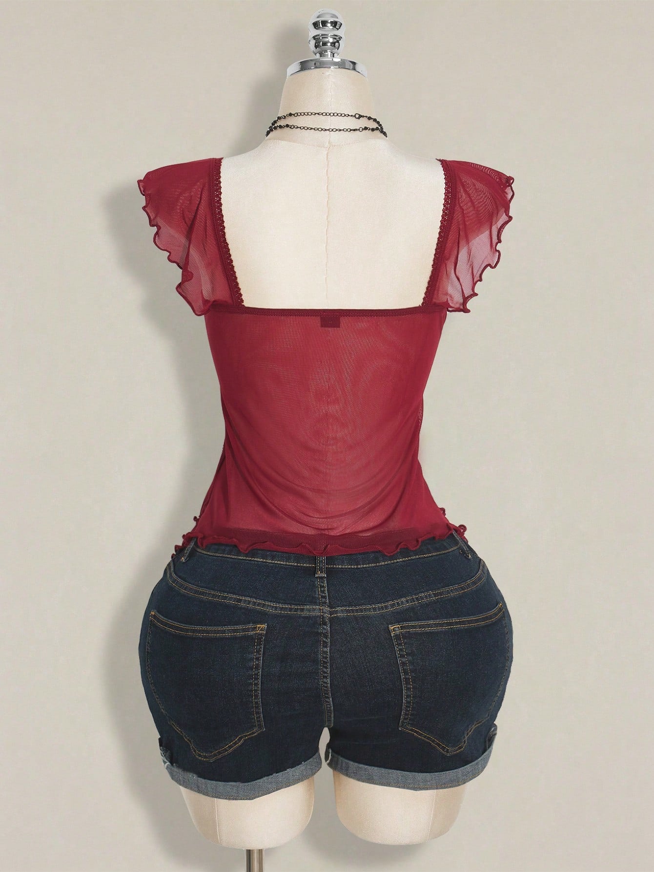 ICON Plus Size Women Ruched Front Fitted Sexy Mesh Splice Flutter Sleeve Backless Casual Vacation Cropped Tank Top, Autumn, Back To School Burgundy