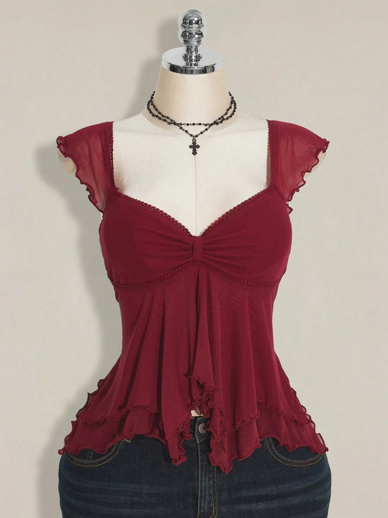ICON Plus Size Women Ruched Front Fitted Sexy Mesh Splice Flutter Sleeve Backless Casual Vacation Cropped Tank Top, Autumn, Back To School Burgundy