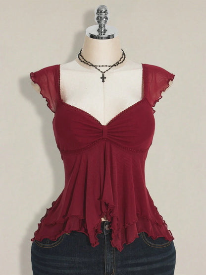 ICON Plus Size Women Ruched Front Fitted Sexy Mesh Splice Flutter Sleeve Backless Casual Vacation Cropped Tank Top, Autumn, Back To School Burgundy