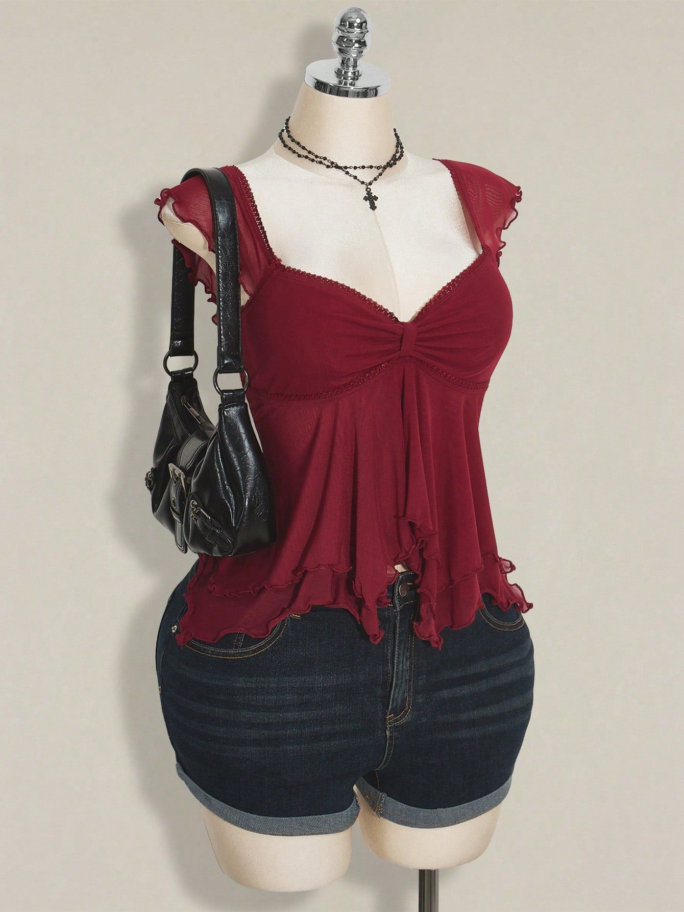 ICON Plus Size Women Ruched Front Fitted Sexy Mesh Splice Flutter Sleeve Backless Casual Vacation Cropped Tank Top, Autumn, Back To School Burgundy