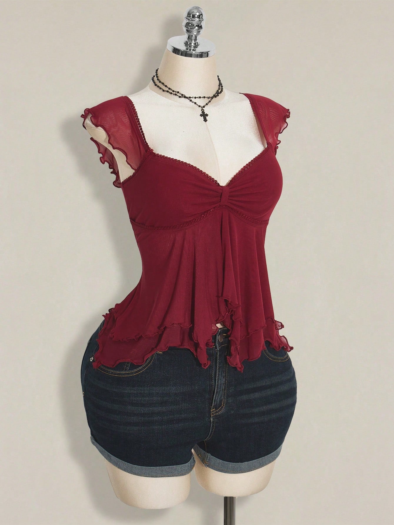 ICON Plus Size Women Ruched Front Fitted Sexy Mesh Splice Flutter Sleeve Backless Casual Vacation Cropped Tank Top, Autumn, Back To School Burgundy