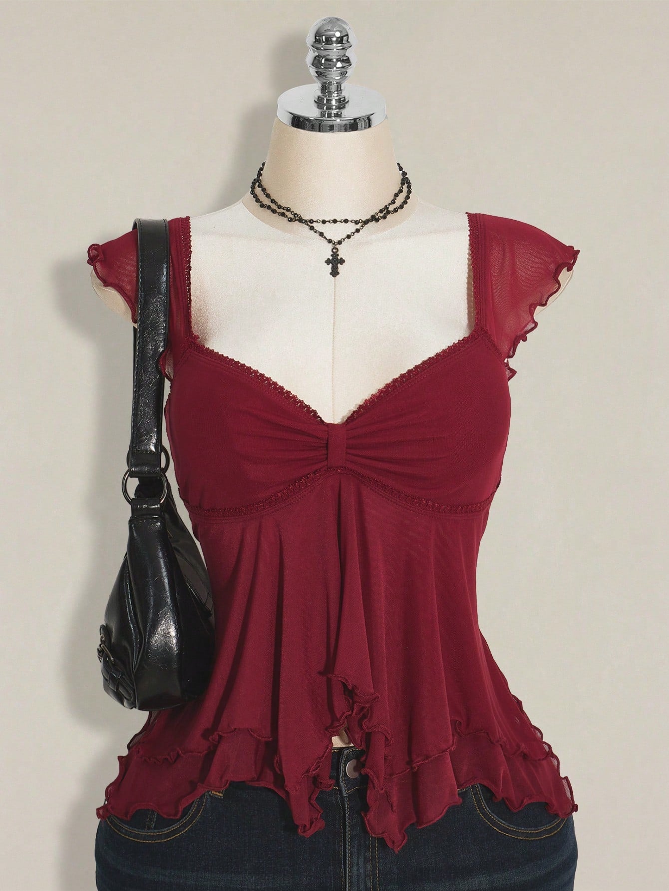 ICON Plus Size Women Ruched Front Fitted Sexy Mesh Splice Flutter Sleeve Backless Casual Vacation Cropped Tank Top, Autumn, Back To School Burgundy