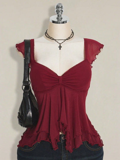 ICON Plus Size Women Ruched Front Fitted Sexy Mesh Splice Flutter Sleeve Backless Casual Vacation Cropped Tank Top, Autumn, Back To School Burgundy