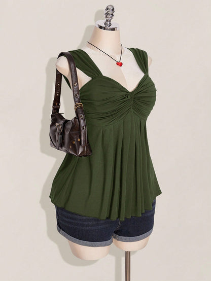 ICON Plus Size Women's Black Twist Front Sleeveless Babydoll Knit Top, Y2K Style, Suitable For Graduation/Back To School Season, Summer Cute Tops