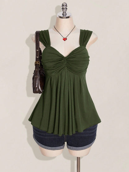 ICON Plus Size Women's Black Twist Front Sleeveless Babydoll Knit Top, Y2K Style, Suitable For Graduation/Back To School Season, Summer Cute Tops
