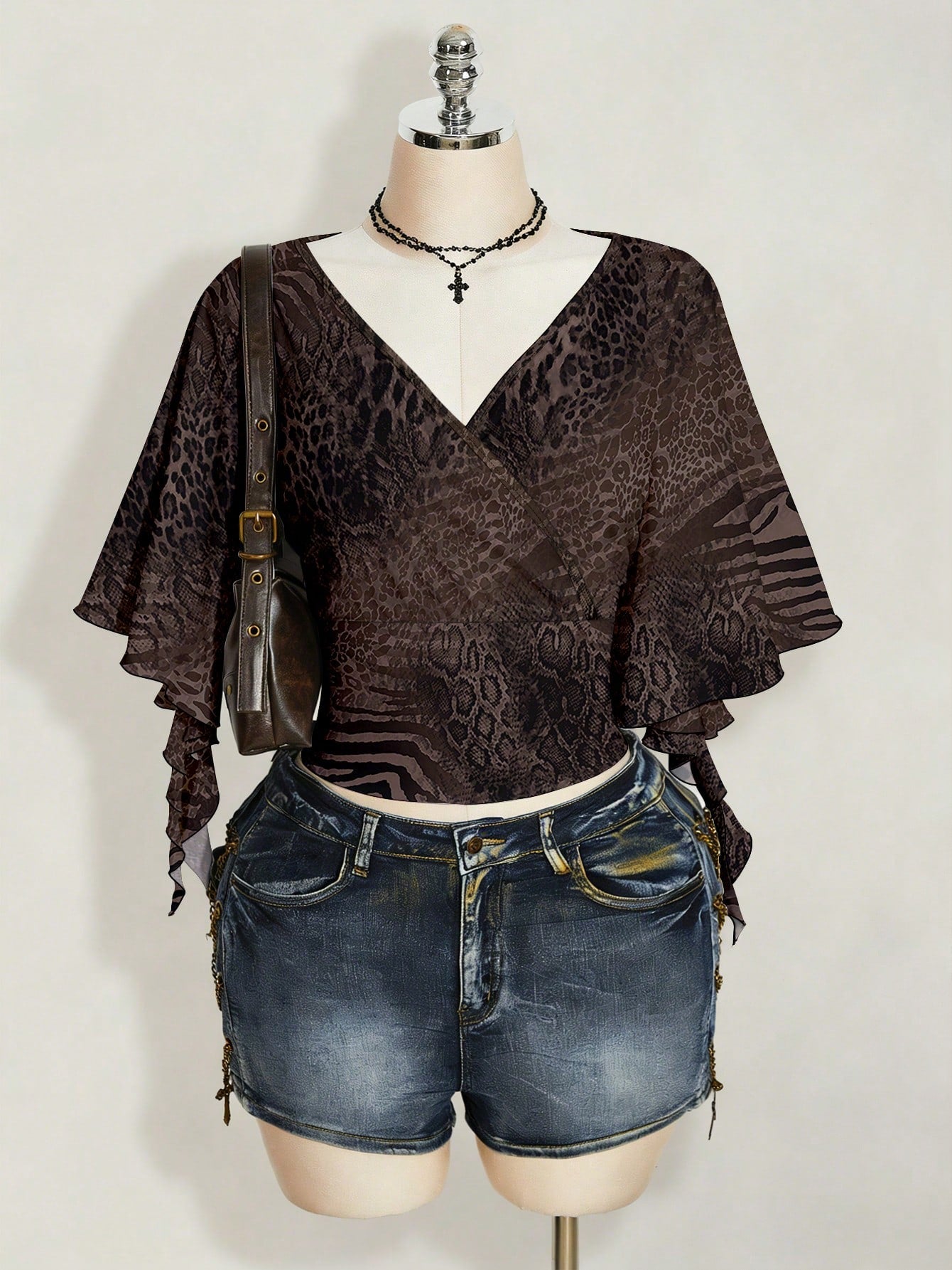 ICON Plus Size Women's Overlap V-Neck Ruffle Sleeve Zebra Leopard Print T-Shirt Party Night Brown Summer 70's Sexy