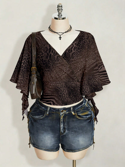 ICON Plus Size Women's Overlap V-Neck Ruffle Sleeve Zebra Leopard Print T-Shirt Party Night Brown Summer 70's Sexy