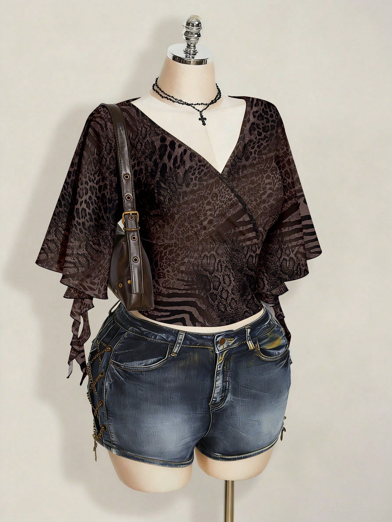 ICON Plus Size Women's Overlap V-Neck Ruffle Sleeve Zebra Leopard Print T-Shirt Party Night Brown Summer 70's Sexy