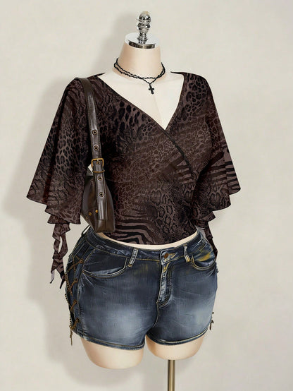 ICON Plus Size Women's Overlap V-Neck Ruffle Sleeve Zebra Leopard Print T-Shirt Party Night Brown Summer 70's Sexy