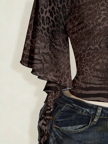 ICON Plus Size Women's Overlap V-Neck Ruffle Sleeve Zebra Leopard Print T-Shirt Party Night Brown Summer 70's Sexy