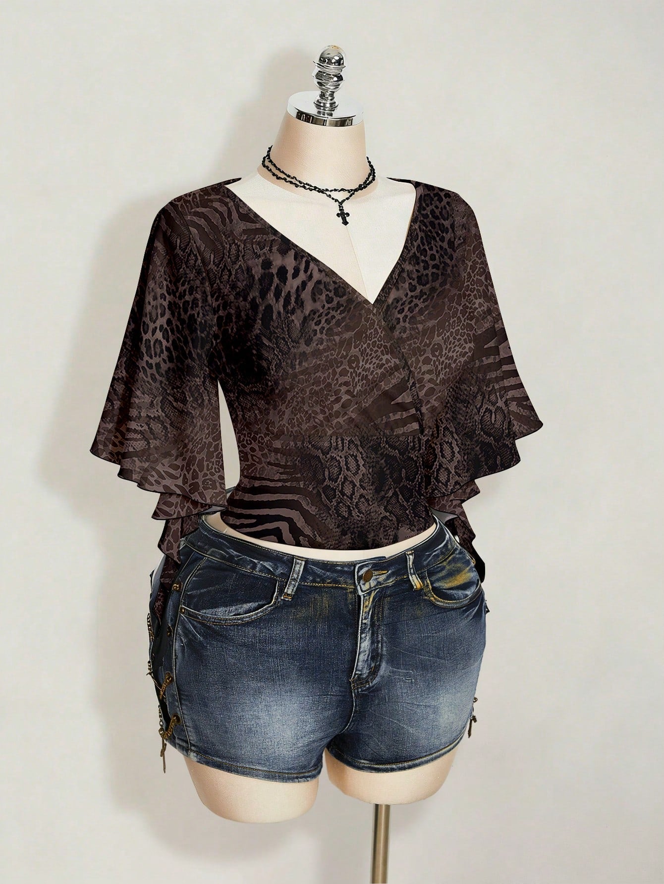 ICON Plus Size Women's Overlap V-Neck Ruffle Sleeve Zebra Leopard Print T-Shirt Party Night Brown Summer 70's Sexy