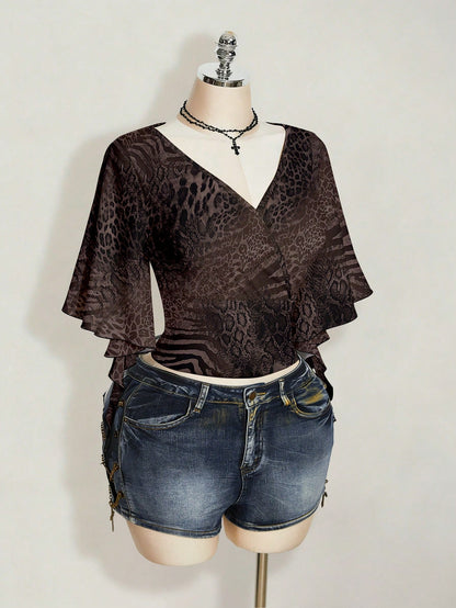 ICON Plus Size Women's Overlap V-Neck Ruffle Sleeve Zebra Leopard Print T-Shirt Party Night Brown Summer 70's Sexy