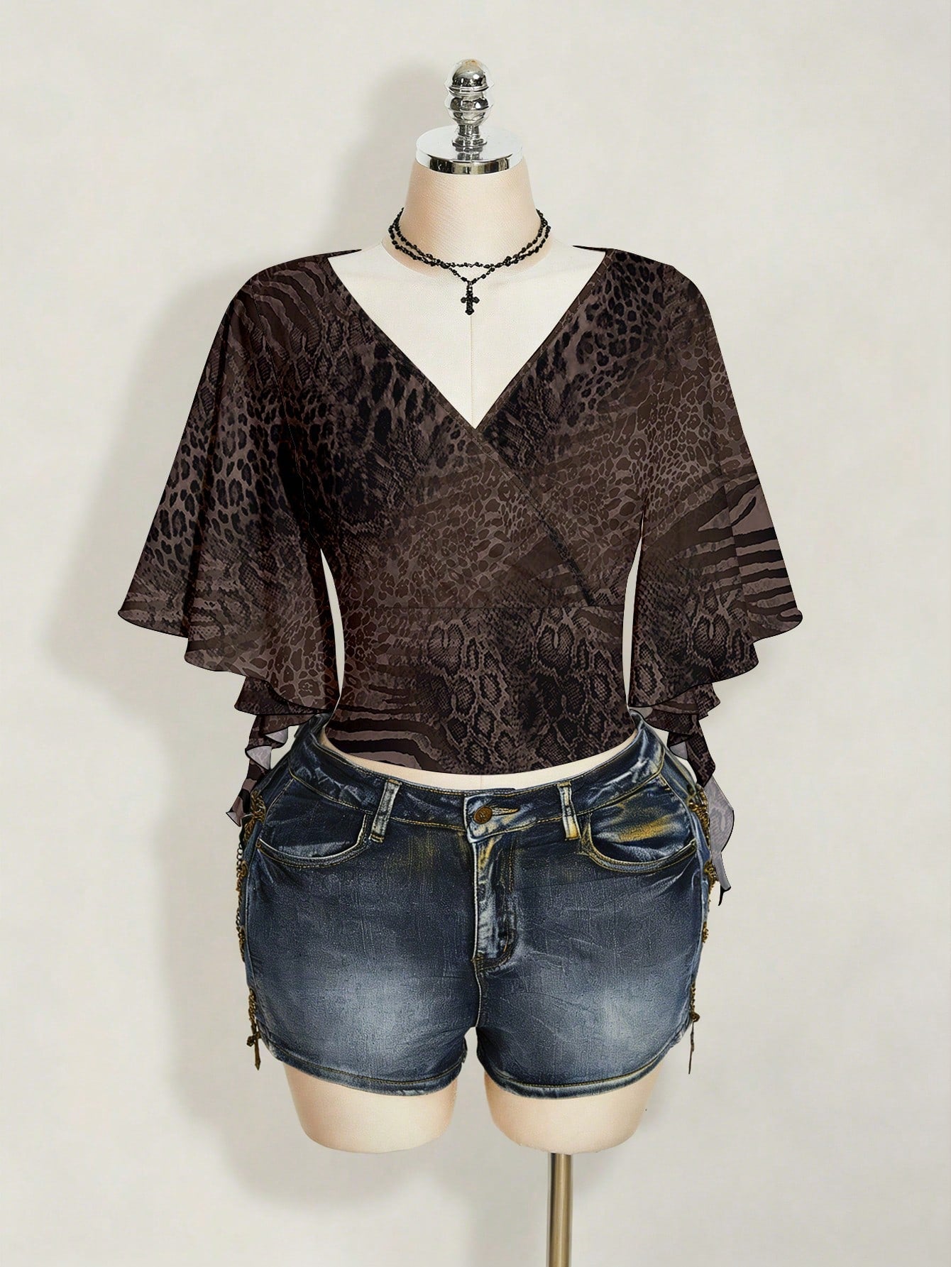 ICON Plus Size Women's Overlap V-Neck Ruffle Sleeve Zebra Leopard Print T-Shirt Party Night Brown Summer 70's Sexy