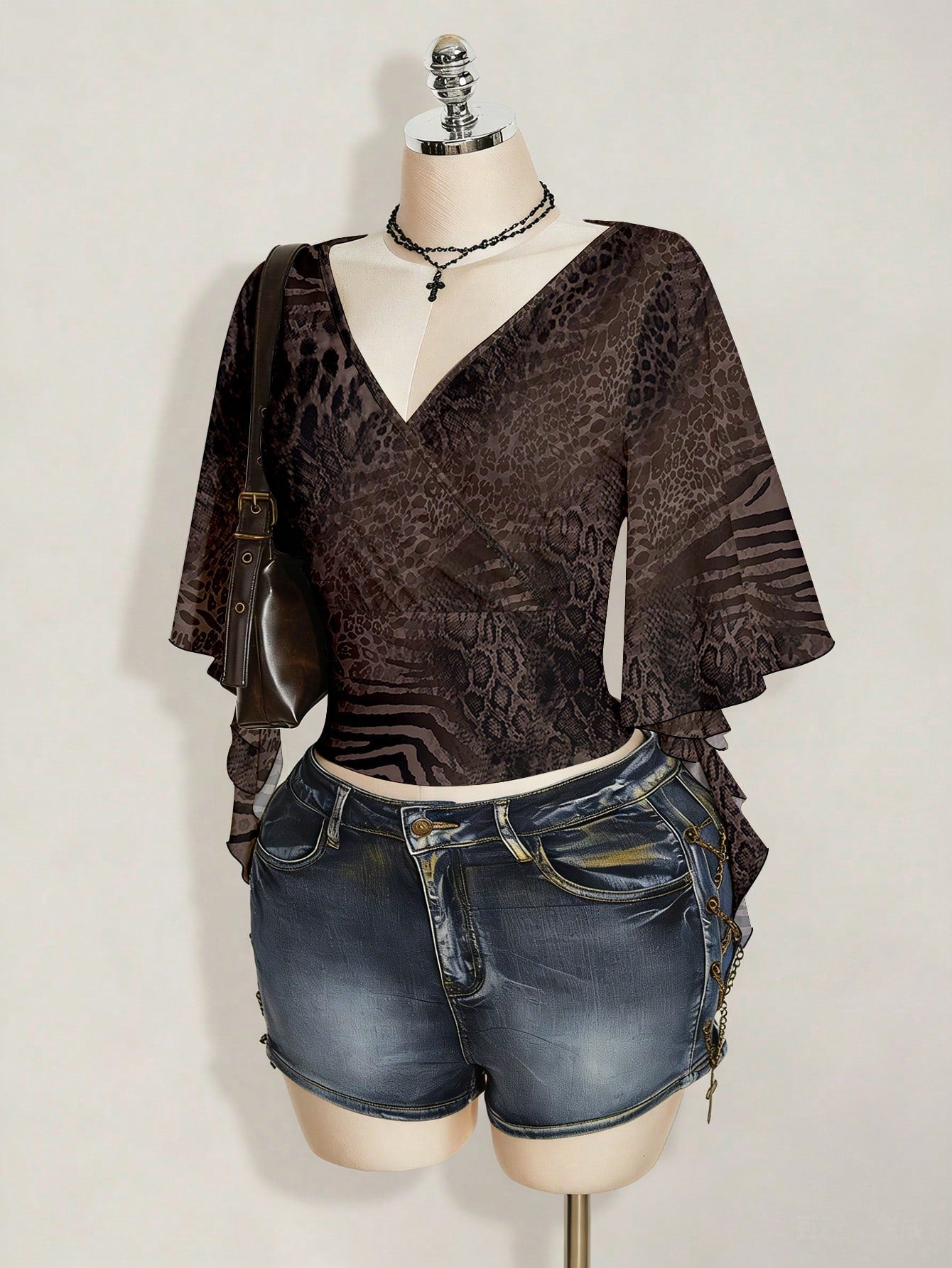 ICON Plus Size Women's Overlap V-Neck Ruffle Sleeve Zebra Leopard Print T-Shirt Party Night Brown Summer 70's Sexy