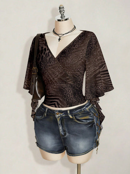 ICON Plus Size Women's Overlap V-Neck Ruffle Sleeve Zebra Leopard Print T-Shirt Party Night Brown Summer 70's Sexy