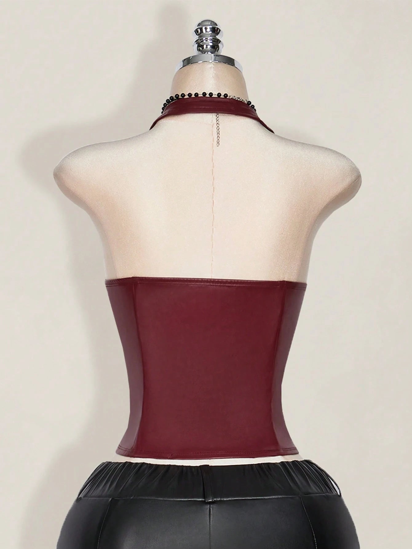 ICON Plus Size Women's Solid Color Simple Casual PU Leather Halter Neck Grommet Decor Tied Tank Y2K Going Out Burgundy V-Neck Off Shoulder Top Goth Goth