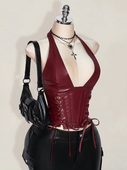 ICON Plus Size Women's Solid Color Simple Casual PU Leather Halter Neck Grommet Decor Tied Tank Y2K Going Out Burgundy V-Neck Off Shoulder Top Goth Goth