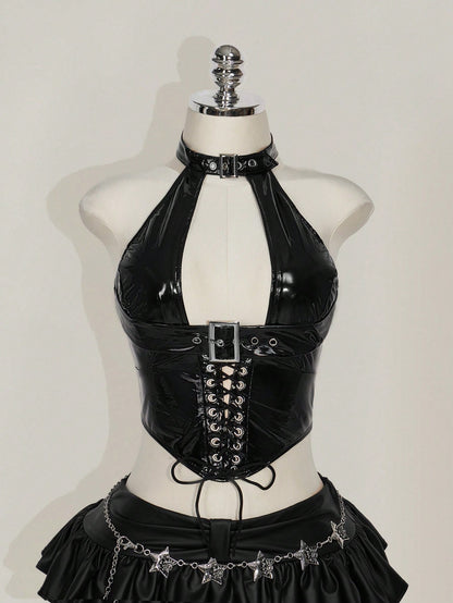 ICON Plus Size Y2k Sexy Goth Women's Fashion PU Leather Grommet Decor Lace-Up Back Tank Top Date Night Going Out Black Summer