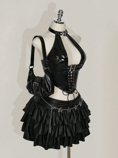 ICON Plus Size Y2k Sexy Goth Women's Fashion PU Leather Grommet Decor Lace-Up Back Tank Top Date Night Going Out Black Summer
