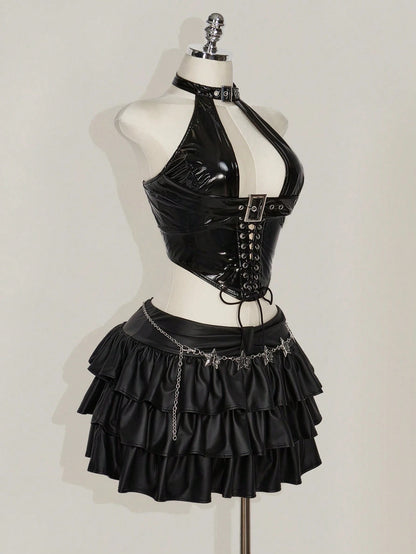 ICON Plus Size Y2k Sexy Goth Women's Fashion PU Leather Grommet Decor Lace-Up Back Tank Top Date Night Going Out Black Summer